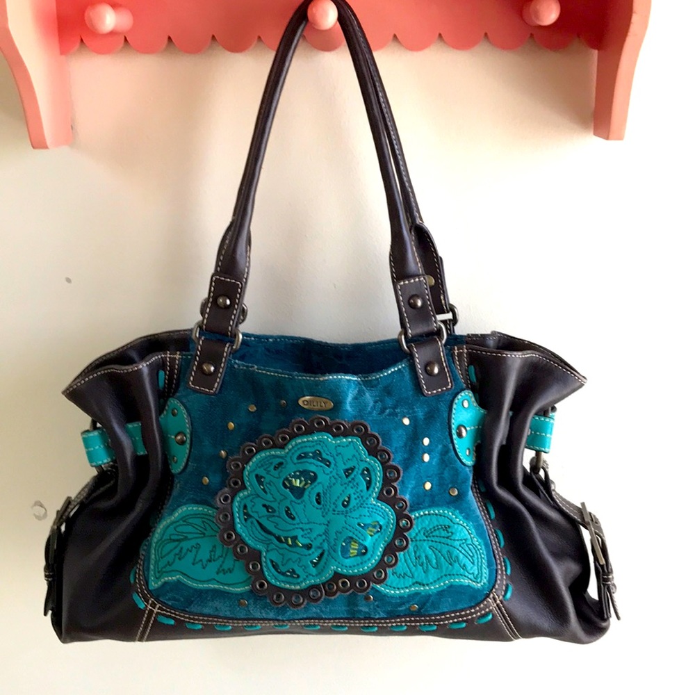 Oilily large shoulder bag Y2K brown leather turquoise jacquard 2 top handles